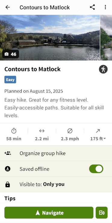 A screenshot of a trail saved in the Komoot app. There is a slide halfway down the screen that tells the app 